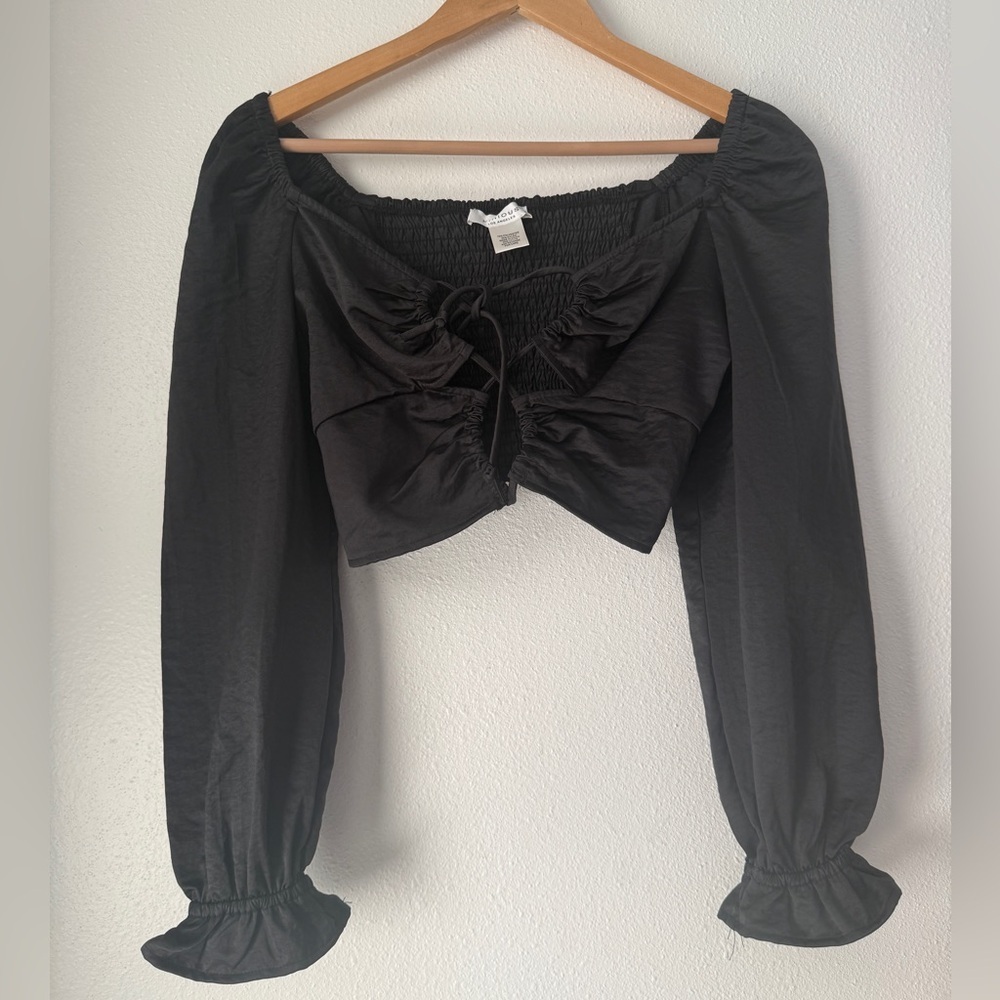 kirious Los Angeles Crop Top Black Long Ruffle Sleeve Tie Front Size M